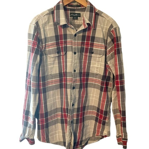 Eddie Bauer Classic Fit  Cotton Red and Gray Plaid Flannel Shirt Sz L - Picture 1 of 7